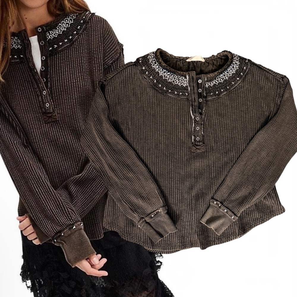 Free People Holly Henley Waffle Thermal Cross Stitch Brown Small